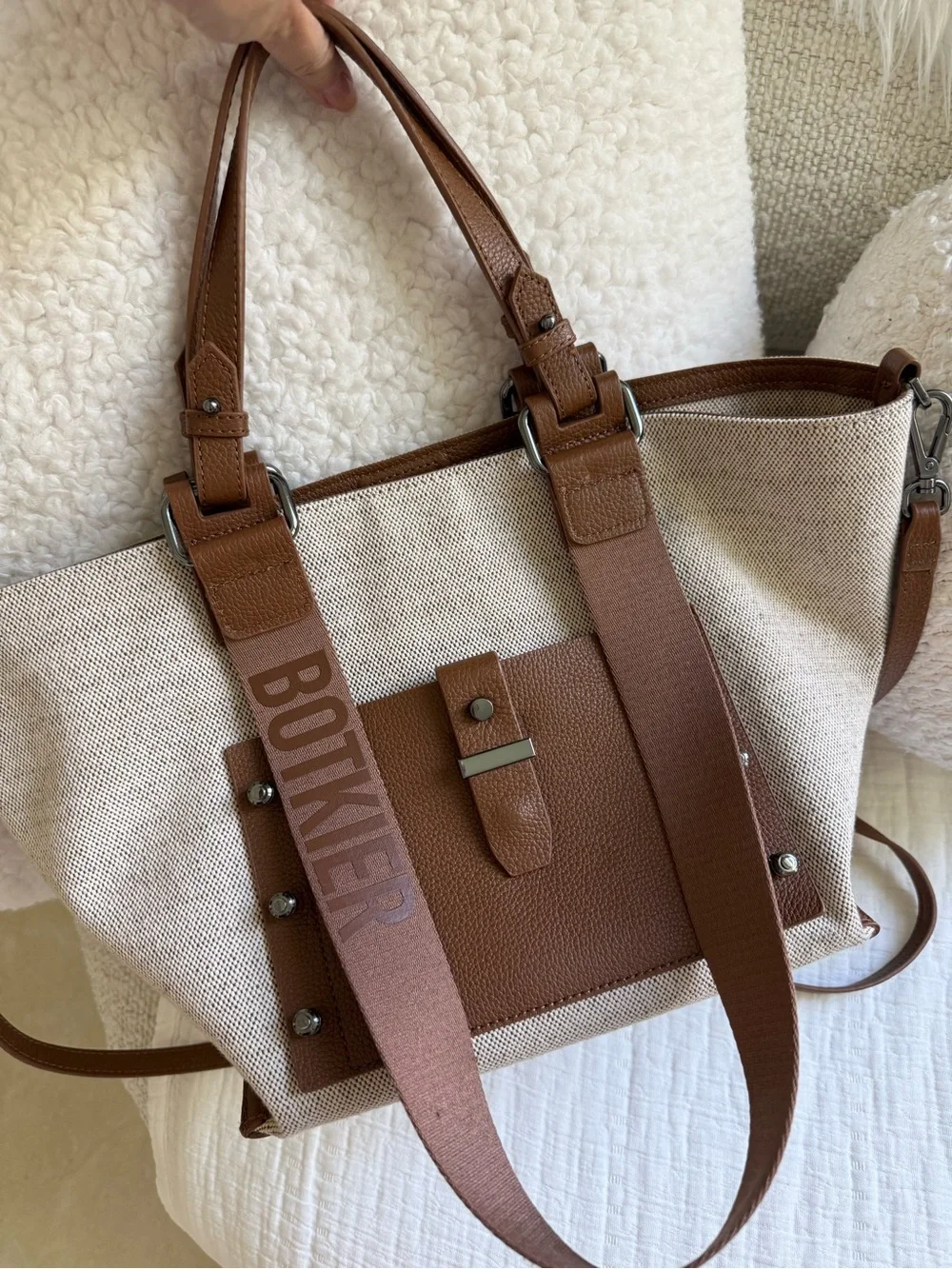 Botkier Beige Canvas Tote with Brown Leather Trim